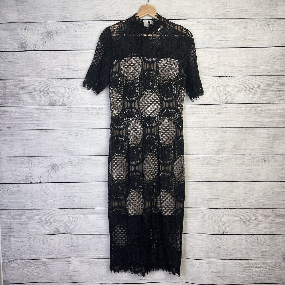 Alexia Admor Black Lace Sheath Dress Womens Size Medium Mock‎ Neck Beige Lining